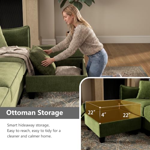 Image of Ihanherry 112 inch Modular Sectional Sofa U Shape Couches with Storage Ottoman, Comfy Chenille Convertible 6-Seat Furniture Set for Living Room, Green