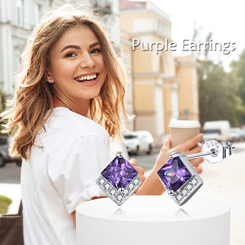 Birthstone Stud Earrings Sterling Silver Square Created Amethyst February Earrings Cubic Zirconia Hypoallergenic Piercing Jewelry Small Gifts For Women Girls Mothers #TOP5