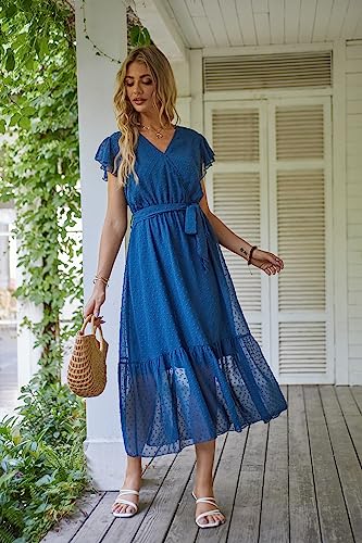 Image of VintageClothing Womens Sundress Casual Floral Summer Boho Dress | Flowy Wrap V Neck Ruffle A-Line Pleated Hem Midi Dresses