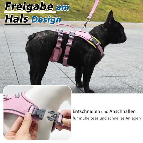 Wuffley Hundegeschirr mit Leine, Sicherheitsgeschirr Hund Ausbruchsicher, Anti Zug Hundegeschirr mit Assistenzgriff und Reflektierende, Leichtes Verstellbare Geschirr für Mittelgroße Hunde (Rosa,XS)