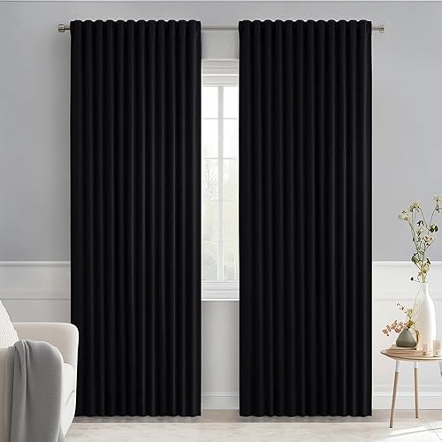 MIULEE Cortinas opacas negras con pestaña trasera de 84 pulgadas de largo, juego de 2 paneles para sala de estar, dormitorio, bolsillo para