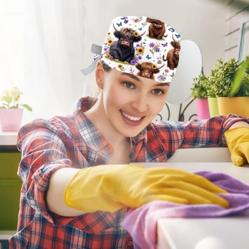 Image of 2 PCS Bouffant Cap with Button Ponytail Pouch Working Cap Sweatband Adjustable Surgical Cap Black and White Cow