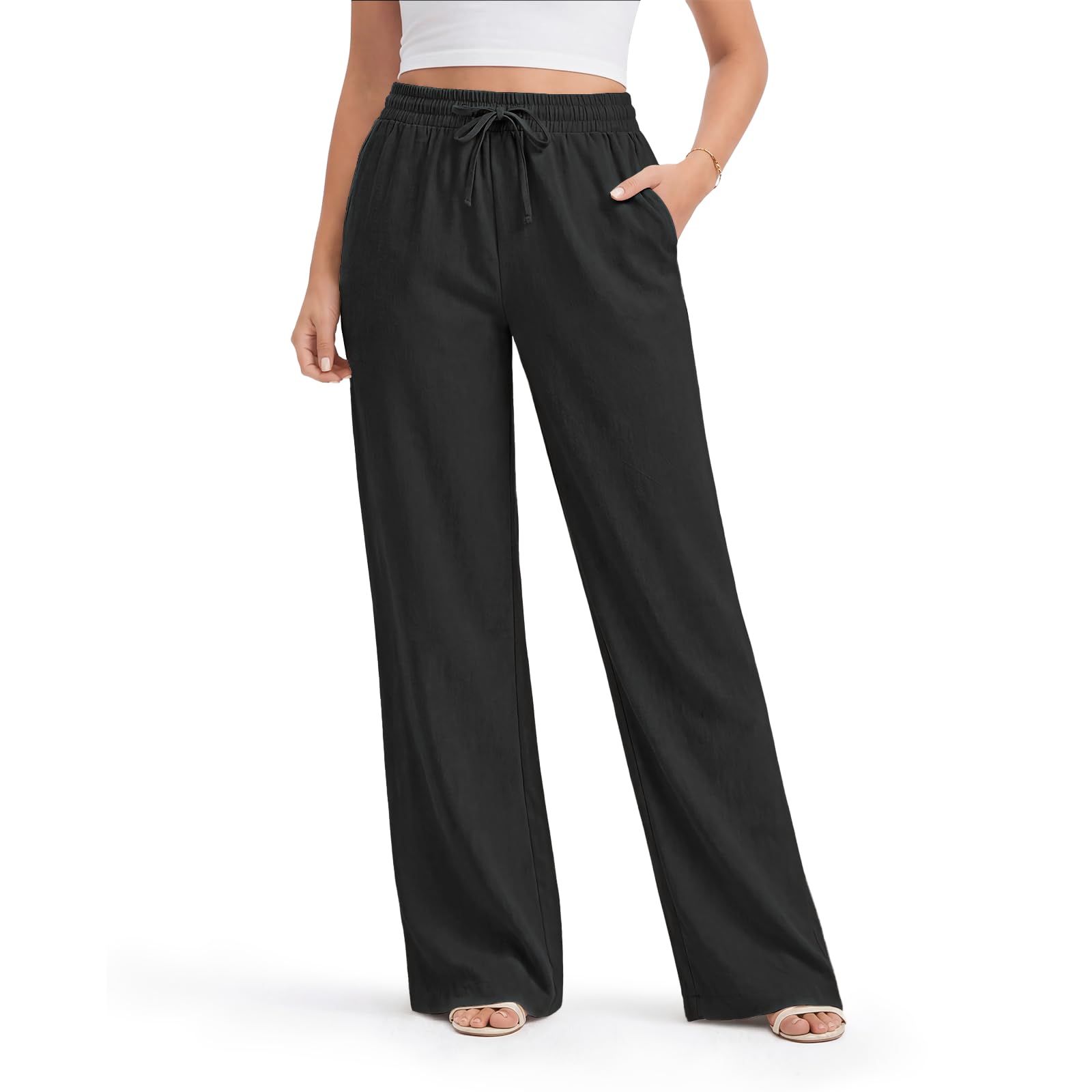 BLONGW Leinenhose Damen Sommerhose Leicht High Waist Weite Stoffhose Casual Freizeithose Einfarbig Jogginghose Wanderhose Musselin Hosen Mit Taschen