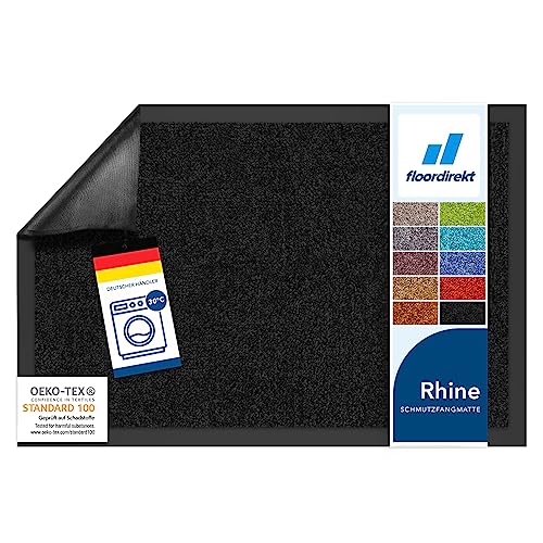 Floordirekt Schmutzfangmatte Rhine - waschbare & leistungsstarke Fußmatte - Sauberlaufmatte mit Rutschfester Rückseite - Türmatte für den Eingangsbereich (Schwarz, 90 cm x 120 cm)