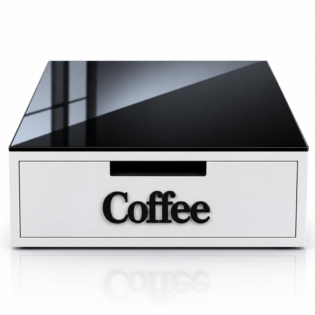 Porta Capsule con Cassetto e 3 Scomparti, Organizer Coffee Station con Top in Vetro, Portacialde da Appoggio, Contenitore Capsule per Angolo Caffè 30x30x10 cm (Nero)