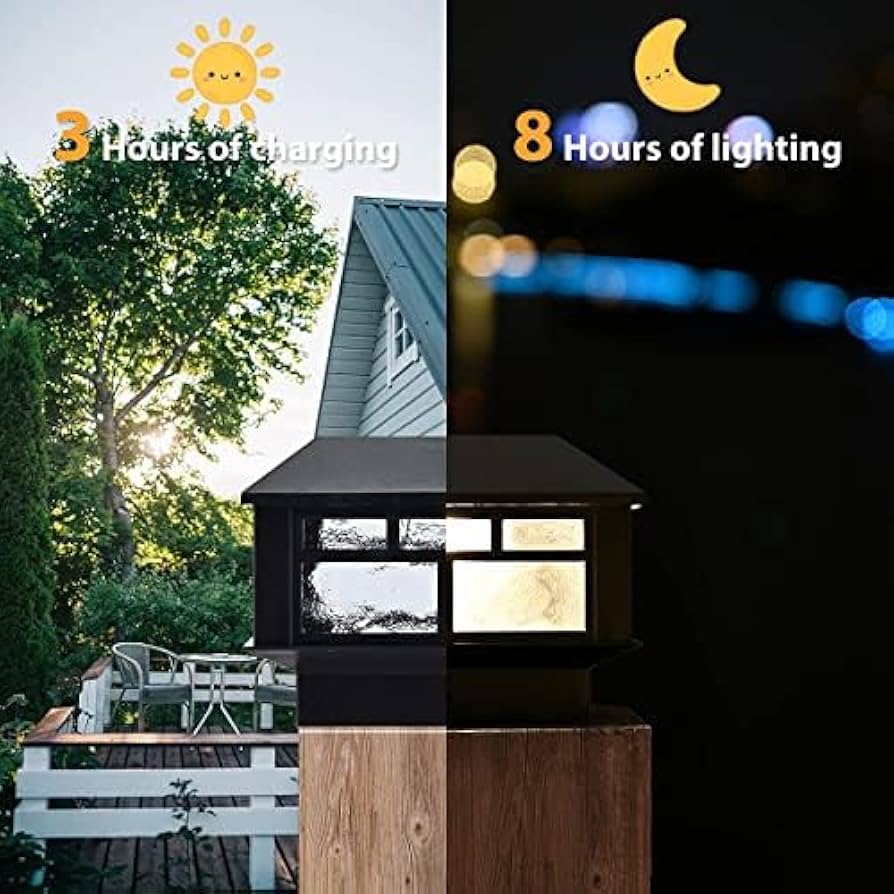 AMFUN 4 Pack Home Solar Post Lights, LED Fence Posts Cap Lights, Waterproof Solar Powered Post Cap Lights For 4x4 5x5 6x6 Inch Wooden Posts, Deck, Fence (Warm White