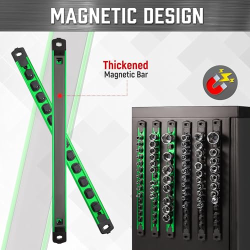 Image of ALOANES 3 /8 inch Drive Magnetic Socket Rail, 360 Swivel Clips, Heavy Duty Aluminum Tray Organizer - 14 Slots (Green)