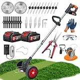 Electric Weed Wacker Eater Battery Powered, 21V/2Ah Cordless Weed Trimmer with 5Types Blades & 2 Battery & Charger &Wheels, Lightweight Stringless Grass Trimmer/Brush Cutter/Mini-Mower for Yard Garden