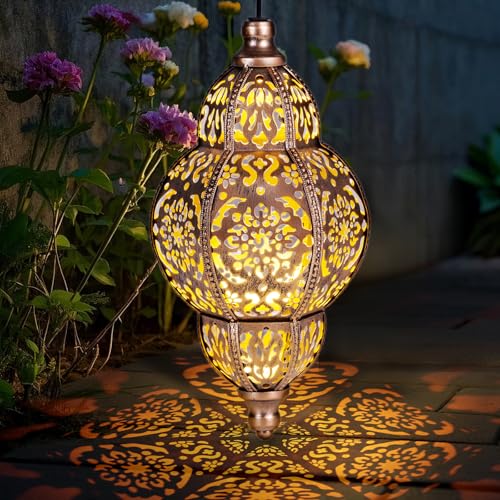 Solar Lanterns Outdoor Garden Decor Hanging Moroccan Lanterns for Outside Metal Solar Chandelier Outdoor for Mothers Days Gifts Patio Lawn Yard Art for Women