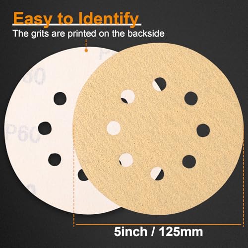 Image of 100PCS 5 Inch Sanding Discs, 8 Hole Hook and Loop 60 Grit Sandpaper, Round Sand Paper for Random Orbital Sander
