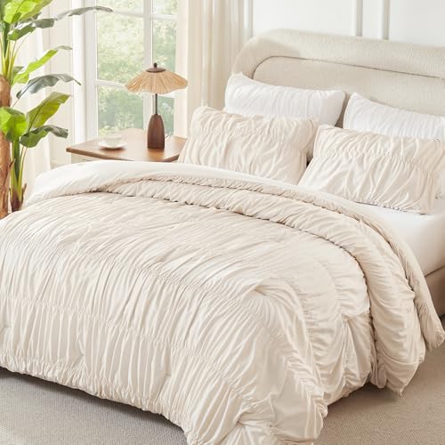 Image of Andency Ruched Beige Twin Size Comforter Sets, Shabby Chic Pleated Bedding Sets 2 Pieces, Lightweight Soft Boho Ruffle Bed Set for Girls, Kids, Women, All Season