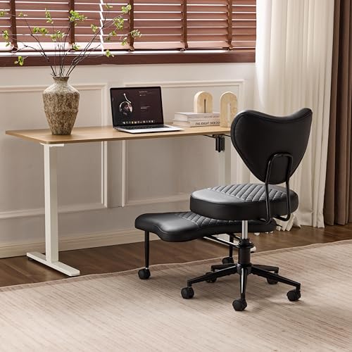 Image of Ergonomic Cross Legged Office Chair with Wheels, ADHD Chair for Adults, Meditation Chair, Yoga Office Chair, Comfortable Back Support, Height Adjustable,Small Spaces,PU Leather-Black-1