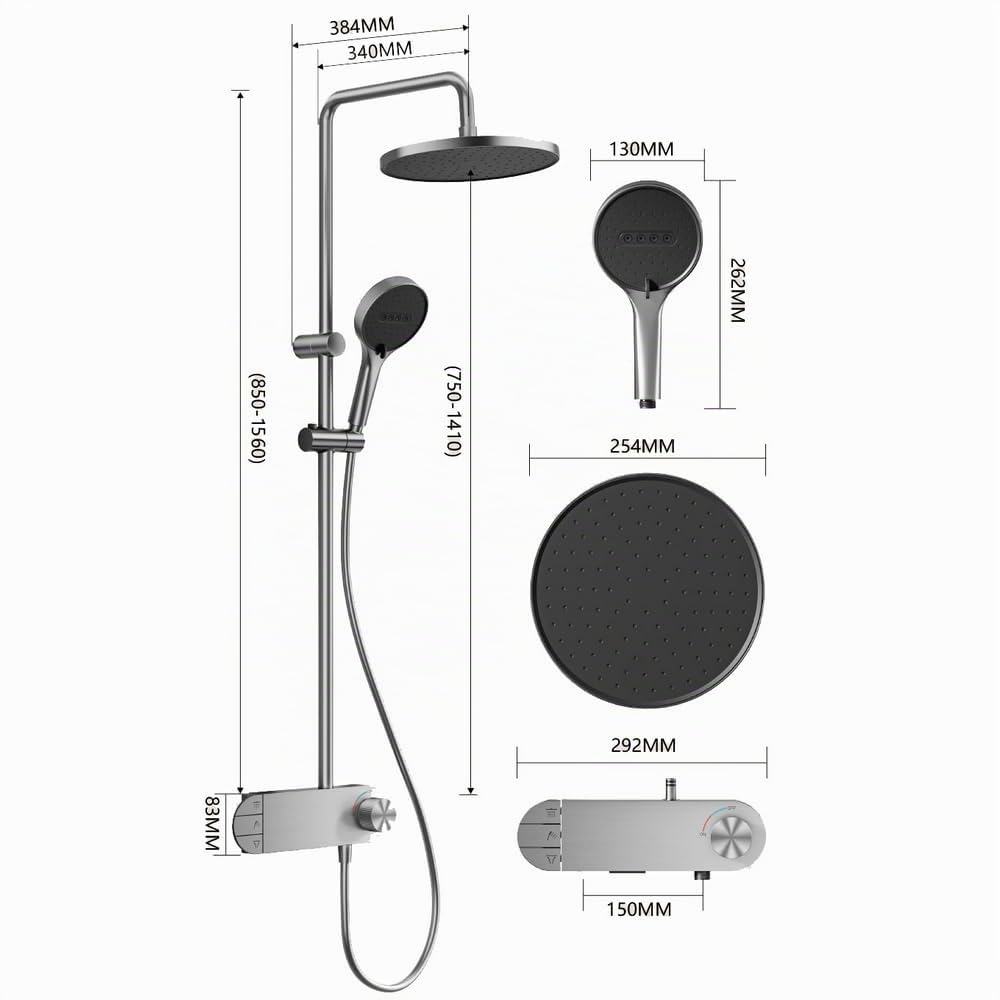 INEX EUROPA Colonna Doccia Nero Grigio Titanio Premium Acciaio Inossidabile 10 Anni di Garanzia - Colonna Doccia Rotonda Effetto Pioggia 3 Modalità di Funzionamento - Doccia 156cm Nero Grigio Titanio