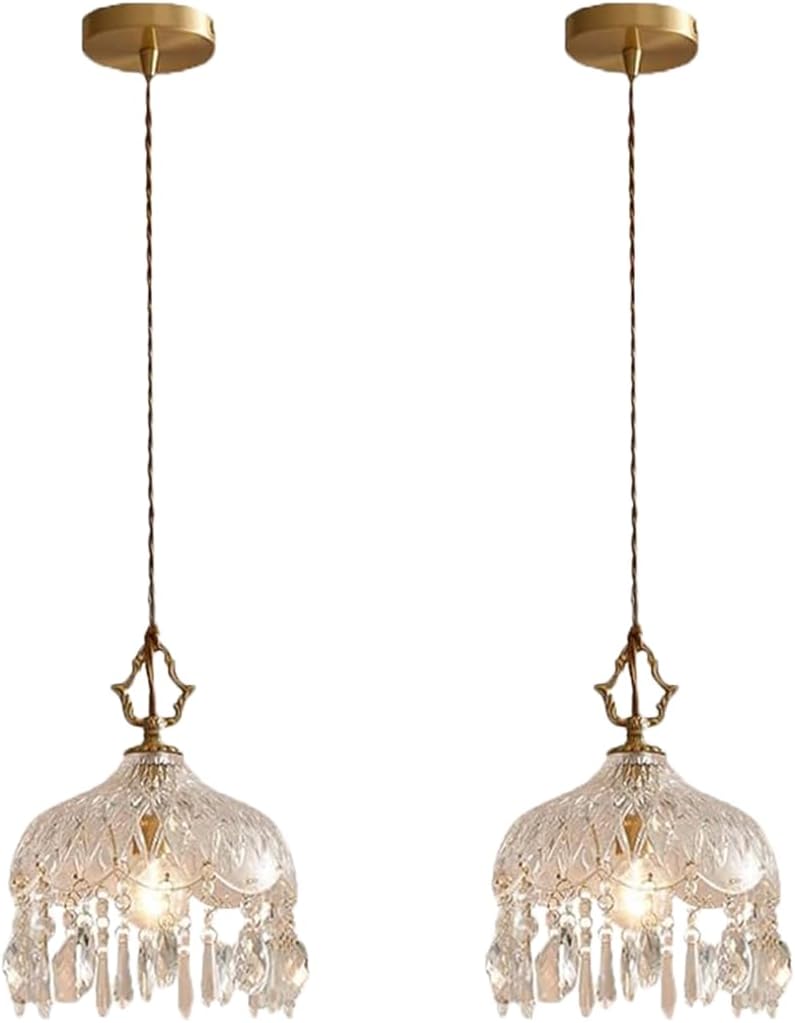 Crystal Pendant Light Gold Pendant Light Fixtures with Glass Flower Shade Crystal Raindrop Chandelier Vintage Brass Hanging Light for Kitchen Island Dining Room Farmhouse