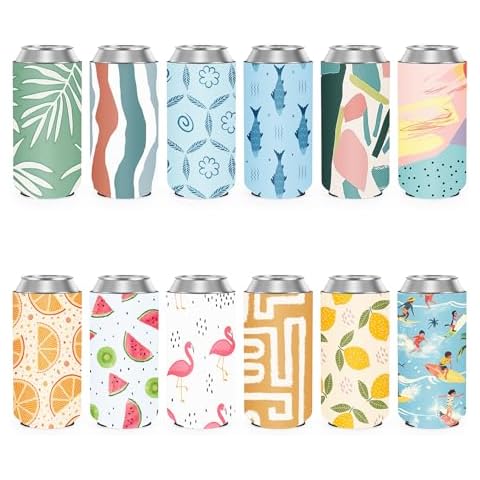 12 Pack Slim Can Cooler Sleeve Insulated Tall Cans 12 Oz Bulk Neoprene Slim Drink Bottle Holder Party Decorations, Men Women Birthday Bachelorette Summer Party Favor Gifts Cover