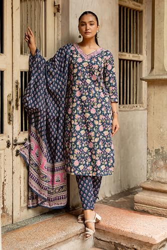 Image of MIRCHI FASHION Pure Cotton Women Straight Printed Embroidery Work Kurti Set with Dupatta and Pant