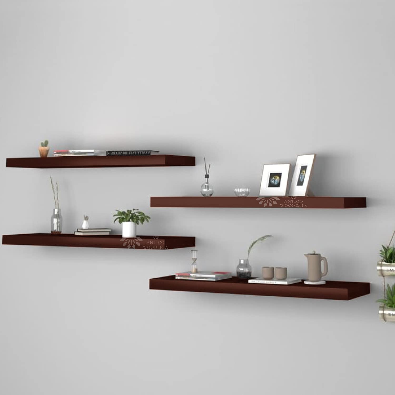 ANTICO WOODENIA® Wooden Floating Wall Shelf| Wall Mount| Wall Rack| Wall Bracket for Home and Office Decor | Big Mounted Cabinets (XX-Large (24x8 inches), Set of 4, Brown)