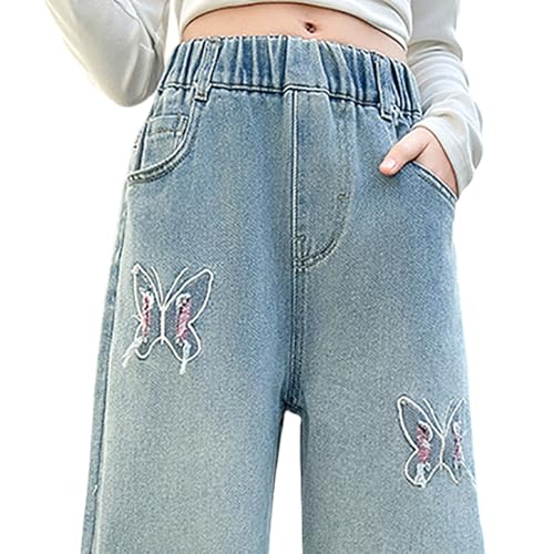 Tween Girls Baggy Jeans, Casual Elastic Waistband Wide Leg Jeans with Butterfly Embroidered, Cute Pants for Girls4