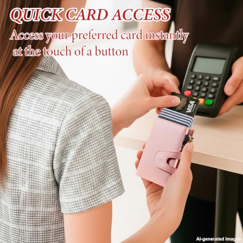 Image of furid Small Card Wallet Women: Rfid Leather Smart Pop Up Wallets, Cherry Pink, minimalist wallet, Bifold | Ladies Mini Card Holder Slim Minimalist with Zipper Coin Pocket ID Window - Gifts for Wife Mother on Anniversary Birthday