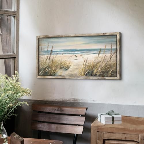 Beach Ocean Painting Wall Art: Framed Coastal Picture Wooden Sea Bird Print Seaside Sand Seascape Artwork Decor for Living Room Bedroom Bathroom 24x12 inch - Image 5