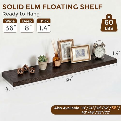 Image of Dreamland 36 Inch Long Floating Shelves Set of 2, Rustic Solid Elm Wood Floating Shelf Wall Mounted, 8 Inch Deep Wooden Wall Shelves for Living Room, Bedroom, Bathroom, Kitchen, Walnut