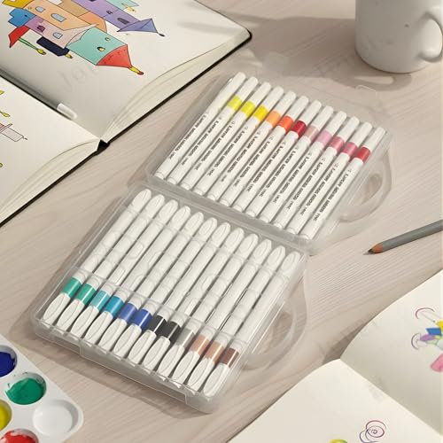 Image of JOUET Professional Acrylic Paint Markers Set, 24 Vibrant Colours, Brush Tip, Water-Based, Non-Toxic, for Rock Painting, Canvas, Glass, Wood, School Projects, with Portable Storage Case