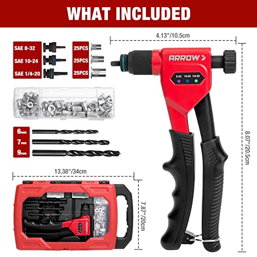Arrow Rivet Nut Tool, 8" Rivet Nut Gun Kit Designed For Tight Space, Rivet Nut Setter With 3 Pcs Mandrels (8-32, 10-24, 1/4-20), 75 Pcs Rivnuts And 3 Pcs Drills, Sturdy Case Packed #TOP1