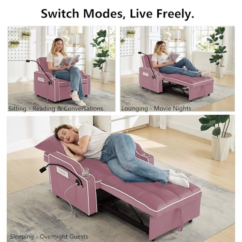 Image of Convertible Sofa Bed, 3 in 1 Futon Sofa Bed with USB Charging Ports, Cup Holder, Phone Stand & Pocket, Modern Upholstered Sleeper Sofa for Living Room, Apartment or Small Space (Pink)