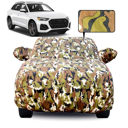 Image of Waterproof Car Body Cover for Audi Q5 Uptill 2021 with Mirror Pocket, Soft Cotton Lining, Triple Stitched, Full Bottom Elastic (Heat Resistant Jungle Print with Red Piping)