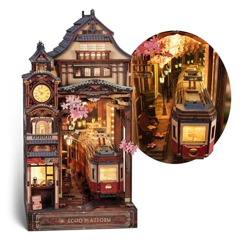FUNPOLA Sakura Train Book Nook Kit – Puzzle 3D en Bois avec Miroir Infini LED – Décoration DIY pour étagère, Mini-Maquette Cadeau pour Enfants et...
