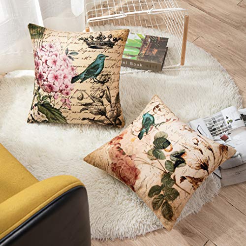 Emvency Set Of 4 Throw Pillow Covers Paris French Botanical Floral Victorian Bird Rose Gardens Green Flower Decorative Pillow Cases Home Decor Square 16X16 Inches Pillowcases #TOP3
