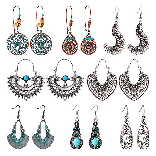 8 Pairs Vintage Statement Drop Dangle Earrings - Bohemian Style Hollow Alloy Long Boho Earring Jewelry for Women Girls