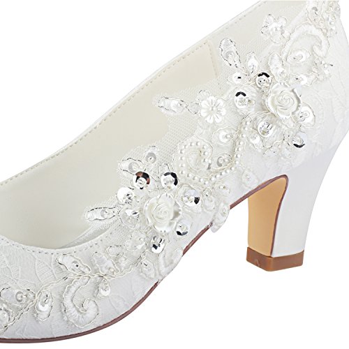 Emily Bridal 1505-1F Women's Wedding Shoes Closed Toe 2.56 Inches Chunky Heel Lace Satin Pumps with Imitation Pearl Sequin Lace Flower Bridal Shoes (EU37/6.5 B(M) US, Ivory) by Emily Bridal - Used condition - Image 7