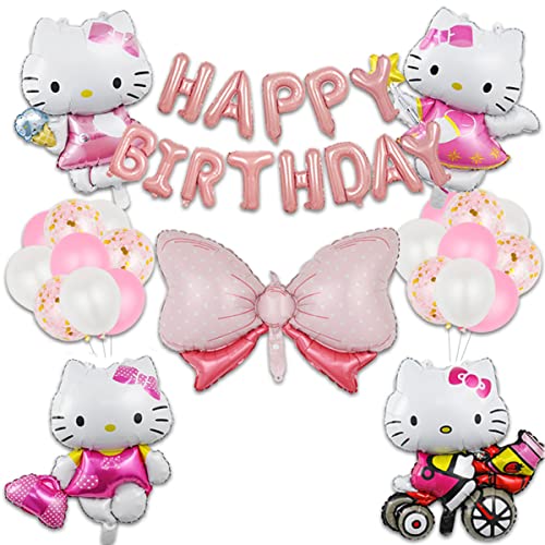Hello Kitty Luftballons 24 PCS Kitty Geburtstag Party Dekorationen Kitty Themed Geburtstag Dekorationen mit Happy Birthday Banner Folienballons Geburtstagsballons für Junge und Mädchen Cover