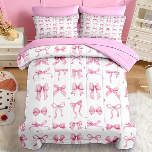 Image of Nesker Bow Comforter Set Twin Size, 5 Pieces Bed in a Bag, Pink Bow Bedding Set for Girls, Ribbon Bowknot Comforter Set with 1 Pillowcase & 1 Sham