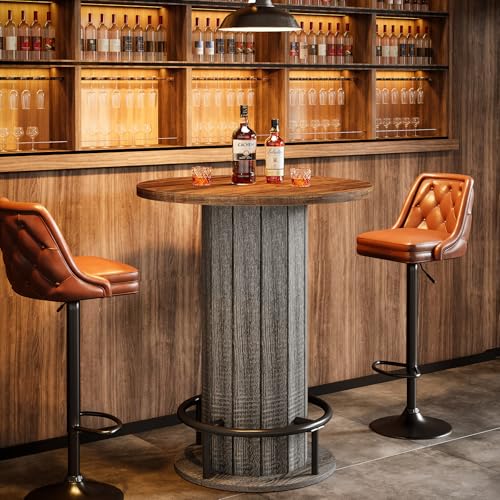 Image of Tribesigns Round Dining Table, 39.4 inch H Small Circle Kitchen Table with Wood Strip Base and Footrest, for Small Spaces, Dining Room, Kitchen, Bar, Brown & Gray (Only Table)