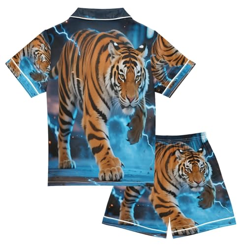 Satin Pajama Sets Short Sleeve Tiger with Blue Stripes Button Down Silky Nightwear 2 Piece PJS 5-14Y2