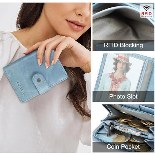 Contacts Womens Leather Bifold Wallet Small Zipper Coin Purse 12 Slot Card Holder Travel RFID Wallets (Light Blue)2