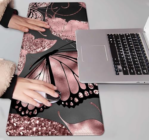 Image of IMAYONDIA Gaming Mouse Pad for Women, Large Non-Slip Rubber Base Mousepad with Stitched Edges, Keyboard Mouse Mat Desk Pad for Work, Game, Office, 31.5x11.8 Inch - Rose Gold Glitter Foil Butterfly