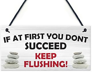RED OCEAN If At First You Don't Succeed Keep Flushing! Novelty Hanging Bathroom Sign Funny Toilet Wall Art Decor Plaque