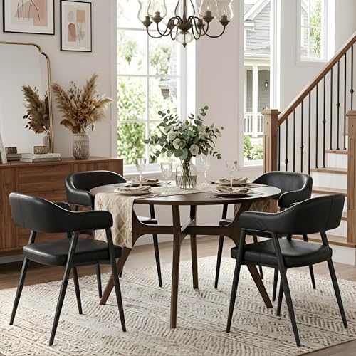Image of HNY Modern Dining Room Arm Chairs Set of 4, Retro Faux Leather Upholstered Barrel Dining Chairs with Arms Mid-Century Black Accent Chair with Metal Legs, Open-Back Kitchen Side Chair for Living Room