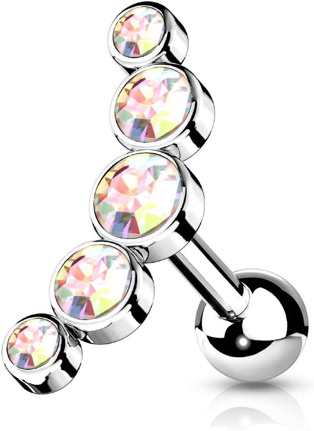16 Gauge 5-Round Gem Set Curve Top 316L Surgical Steel Cartilage Barbell Studs