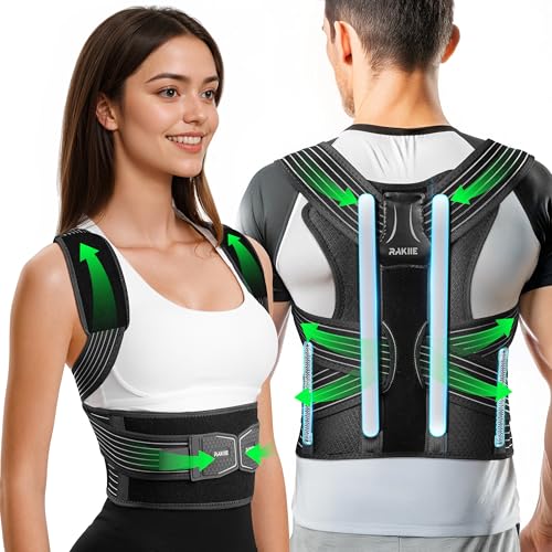 Rakiie Upright Posture Corrector, Comfortable Lumbar Support Belt with 3D Elastic Kintted Mesh, Upper and Lower Back Pain Relief, Easy to Put on &amp; Take off, Gray Size L (Upper Waist: 41.3"-47.2")