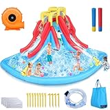 Whubefy Double Dip Inflatable Water Slide Park – 14.5 x 12.7 x 7.5 FT Heavy-Duty for Backyard Fun with Giant Splash Pool, 2 Slides, Climbing & 2 Water Cannon – 520W Blower & 2 Water Squirters Included