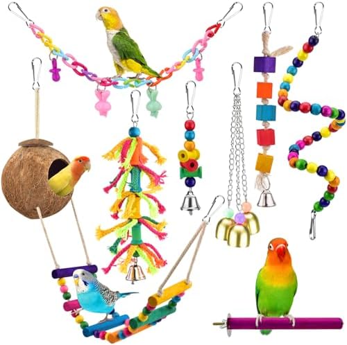 Bird toys for cockatiels that like coconut – Explore these fun options! 8 KATUMO Bird Toys, Parrot Swing Parakeet Ladder Conure Wood Perch Bird Chew Toys Cockatiel Hanging Bell Toys for Parakeet, Conure, Cockatiel, Mynah, Love Birds, Finch, Small Pet Birds