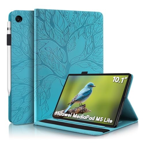 Aswant Huawei Mediapad M5 Lite 10 Hülle Geprägter Baum PU PU Leder Brieftasche BookStyle Flip Cover Stand Kartensteckplatz Tablet Schutzhülle Für Huawei Mediapad M5 Lite/C5 10.1 Zoll 2018 - Blau