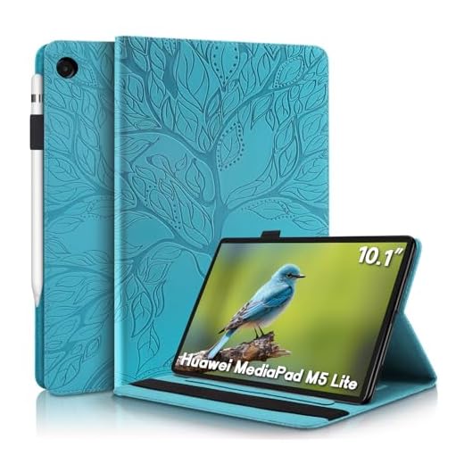 Aswant Huawei Mediapad M5 Lite 10 Hülle Geprägter Baum PU PU Leder Brieftasche BookStyle Flip Cover Stand Kartensteckplatz Tablet Schutzhülle Für Huawei Mediapad M5 Lite/C5 10.1 Zoll 2018 - Blau