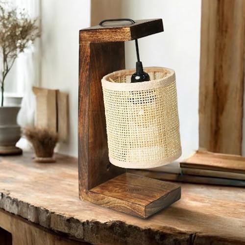Image of Ikari Homes Vintage Table Lamp I Indonesian Rattan Cane with Braided Wire I Boho Table lamp for Bedroom /Living Room /Office Desk /Restaurants - (Rattan Square Mesh)