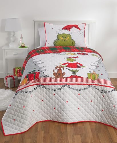 Grinch by Dr. Seuss Holiday & Christmas Quilt Bedding Super Soft 2 Piece Pillow Sham and Quilt Set, Twin Size 68" x 86", (100% Officially Licensed Product) by Franco - Image 5