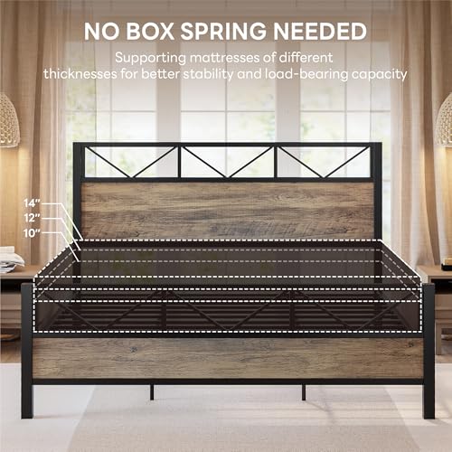 Image of LIKIMIO California King Bed Frame, Tall Industrial Headboard 51.1 inch, Platform Bed Frame with Strong Metal Support, Solid and Stable, Noise Free, No Box Spring Needed, Easy Assembly, Rustic Maple
